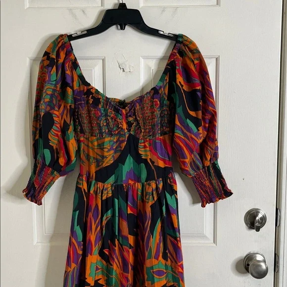 HOUSE OF HARLOW by Nicole Richie Cotton Smocked Dress Puff Sleeve Meadow Pink XS - Picture 3 of 10